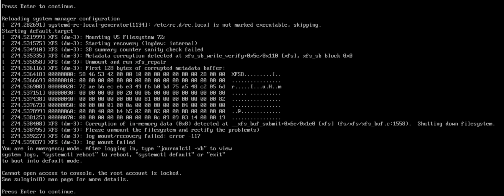 XFS corruption and emergency mode on reboot