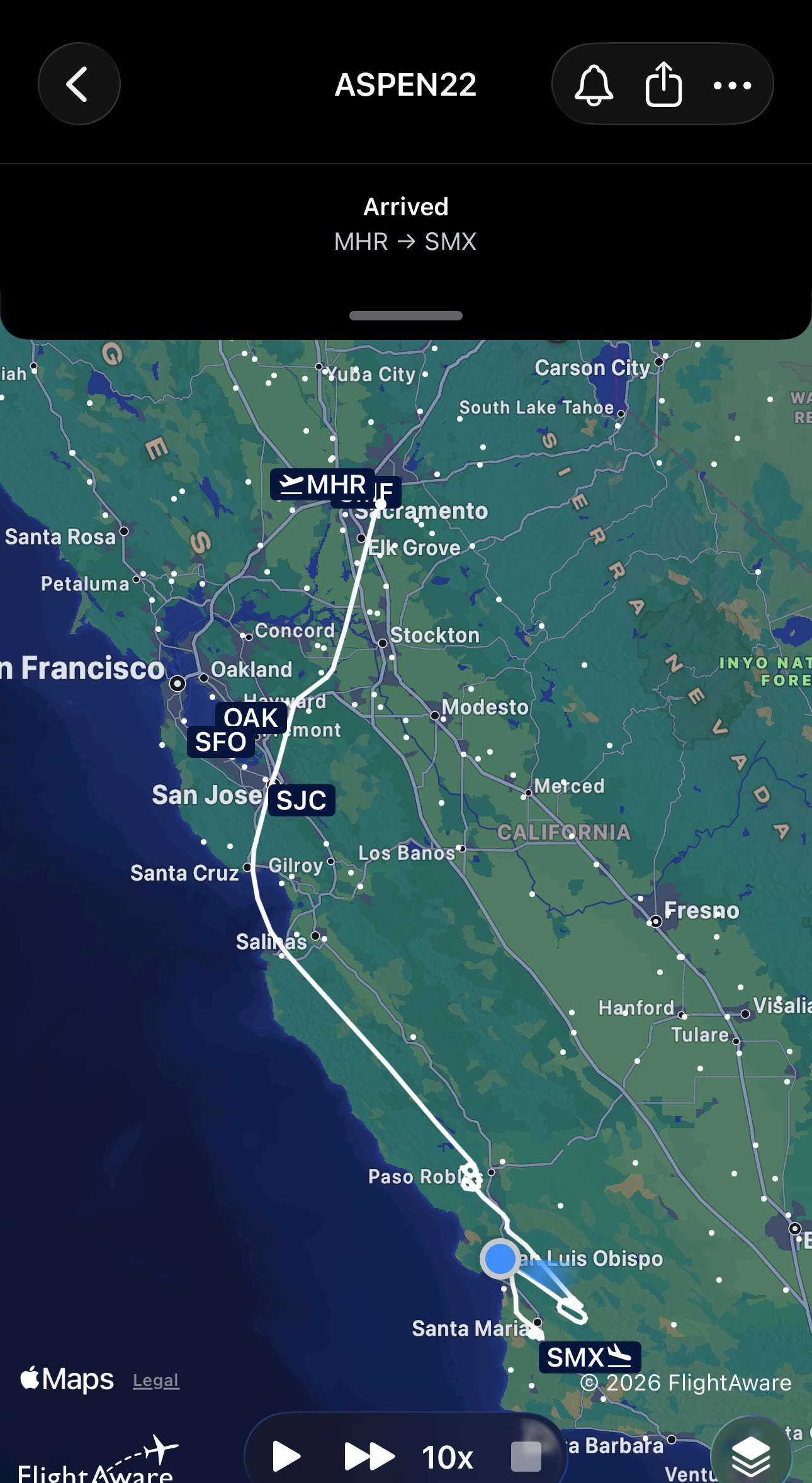 FlightAware track map of ASPEN22, Sacramento Mather (MHR) to Santa Maria (SMX): south down the Central Valley, over to the coast near San Luis Obispo, then a turn south to land