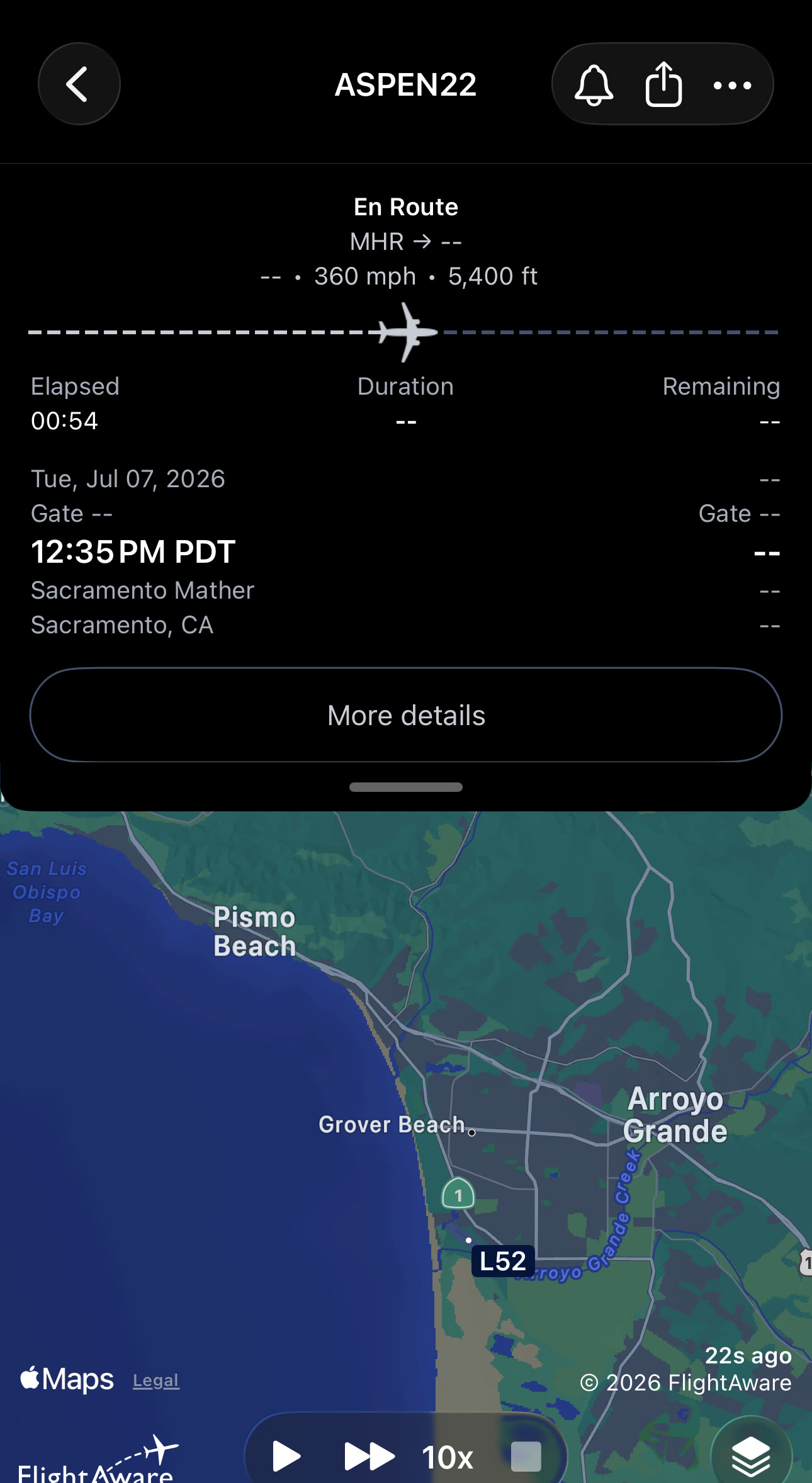 The FlightAware en-route readout for ASPEN22: 360 mph at 5,400 ft, 54 minutes into a flight that left Sacramento Mather at 12:35 PM