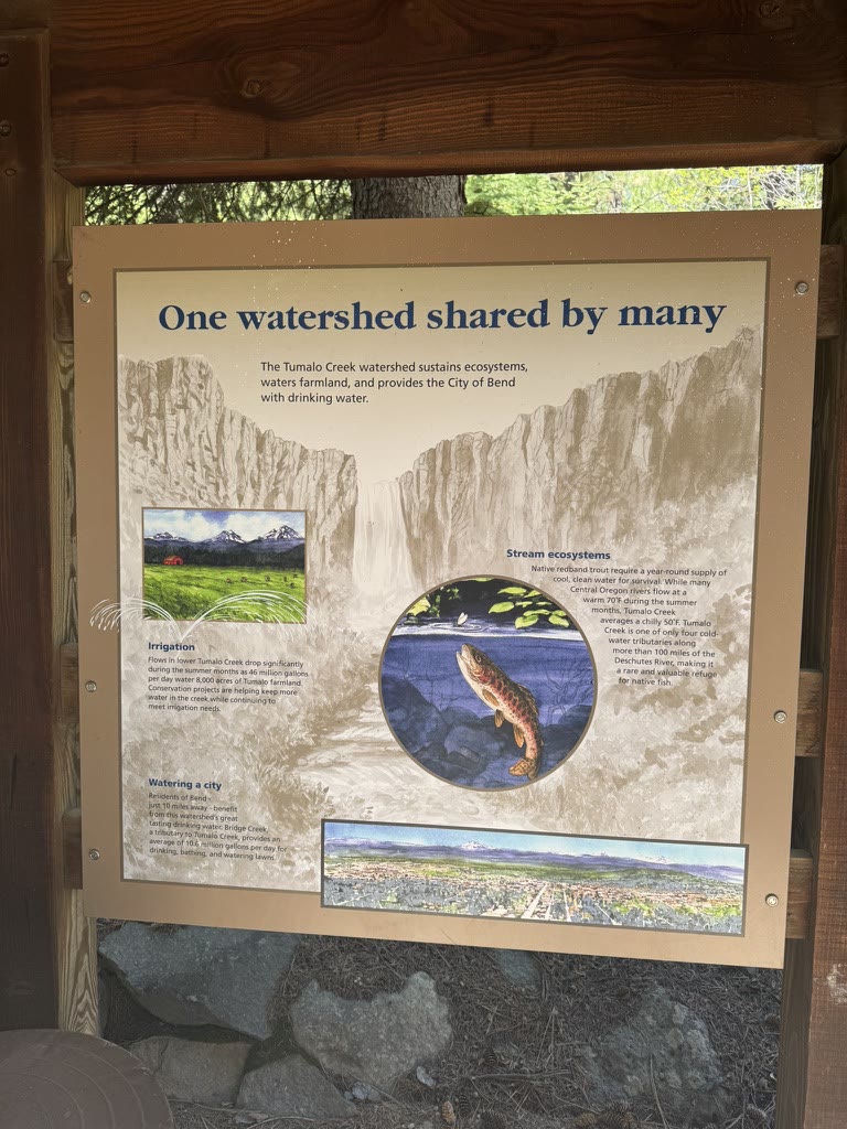 Interpretive sign titled 'One watershed shared by many' explaining how Bend's water supports both ecosystems and the city