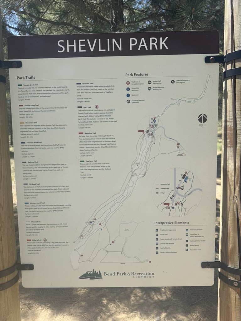 Shevlin Park trail map listing all the named trails by primary use and surface type
