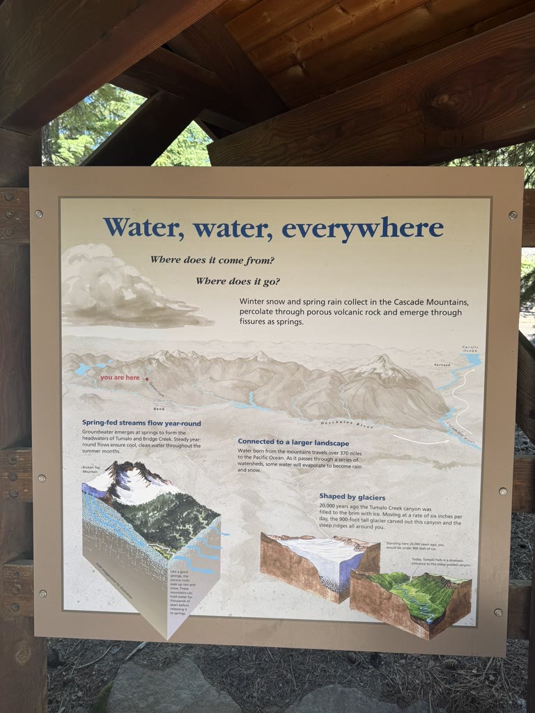 Interpretive sign titled 'Water, water, everywhere' — a diagram of how Cascade snow becomes municipal drinking water