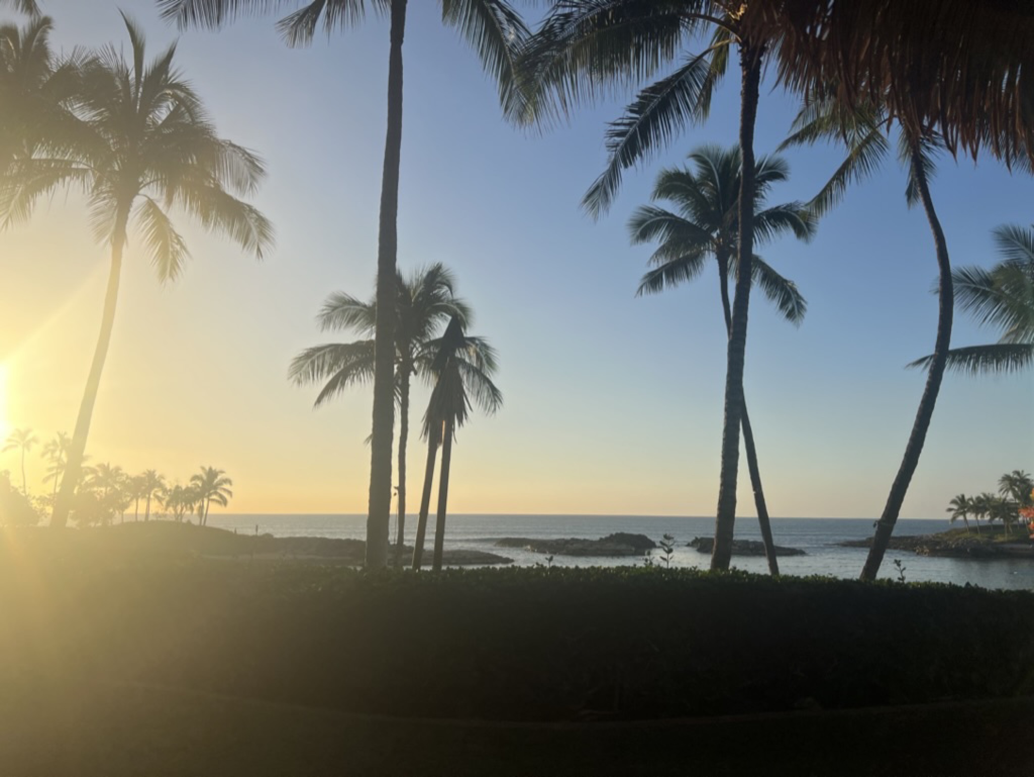 Ko Olina lagoon at golden hour — palms framing turquoise water and a lens flare from the low sun