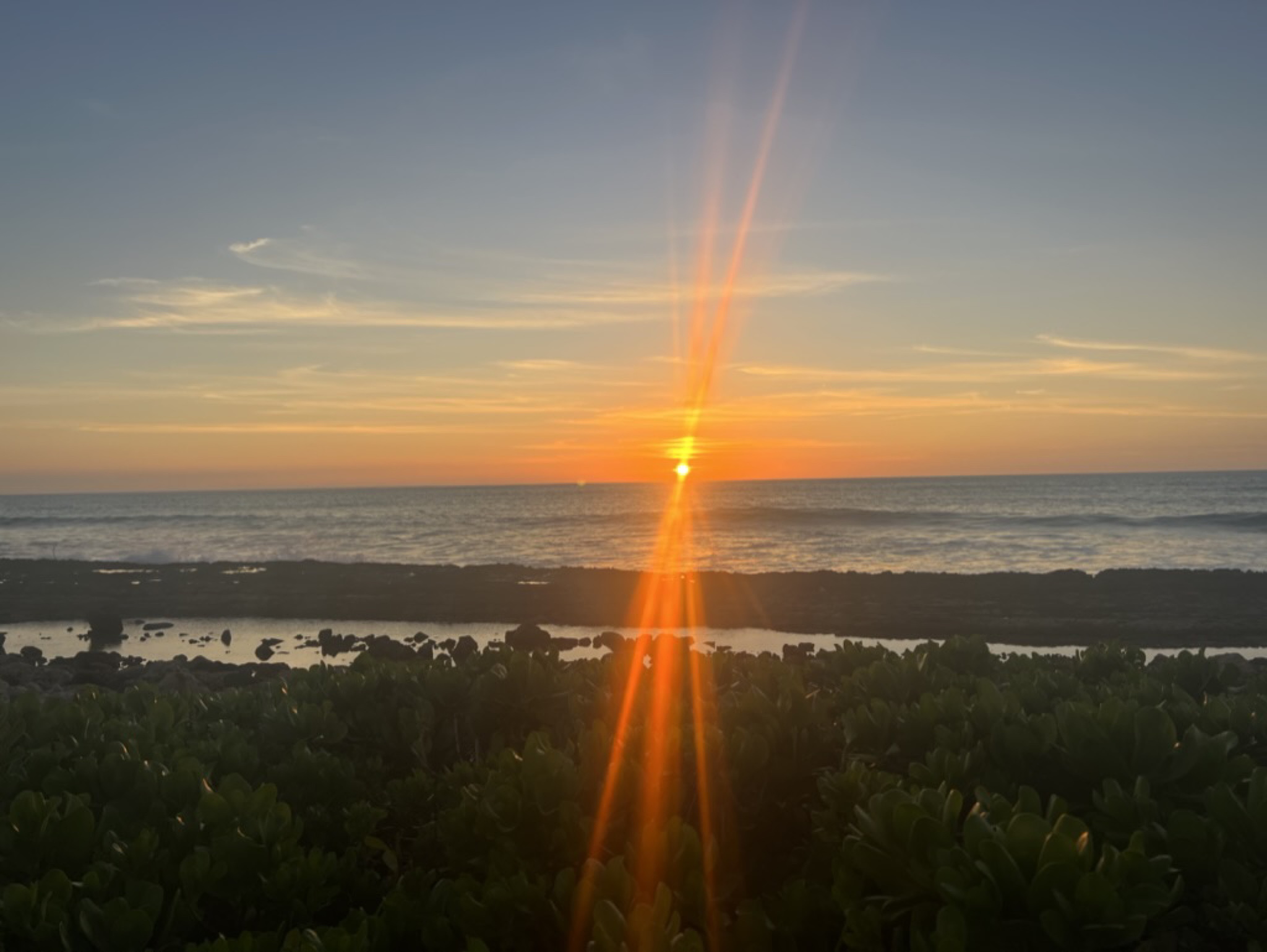 A vertical sunbeam from the setting sun cutting straight down across the lagoon and the low foliage in the foreground