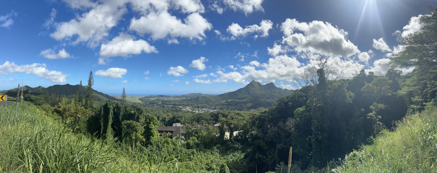 Wider Pali panorama — Mount Olomana sharply visible at center, foliage framing the foreground, sun streaking through scattered cumulus