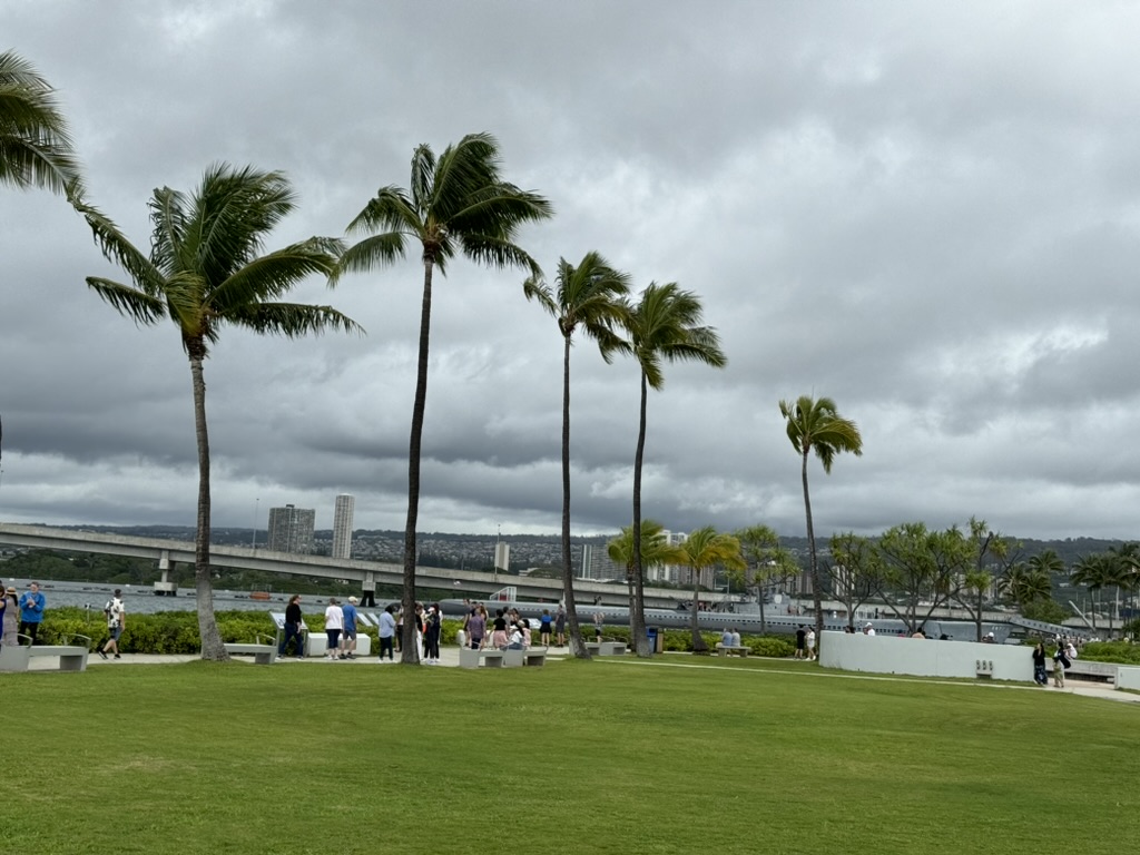 Tall coconut palms over the Pearl Harbor Visitor Center grounds with the harbor and Honolulu skyline in the haze beyond