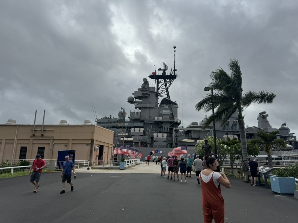 The bow of USS Missouri with the painted hull number 63 at Pearl Harbor