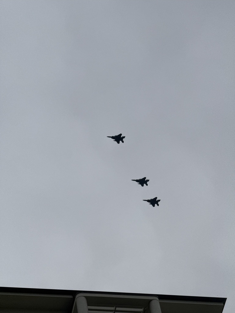Three F-15 Eagles in echelon formation overhead