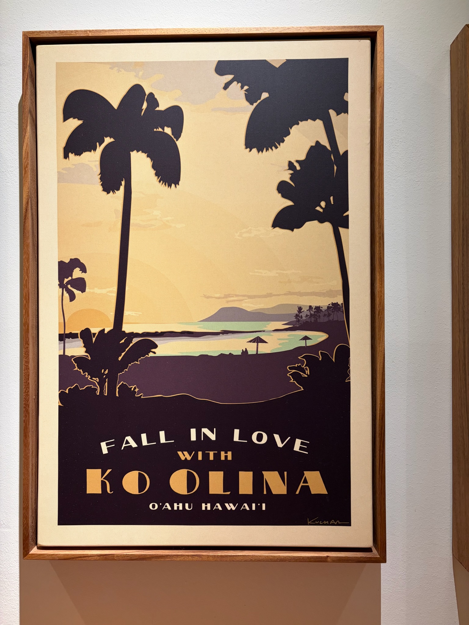 Framed Nick Kuchar travel poster reading "Fall in love with Ko Olina, O'ahu Hawai'i"