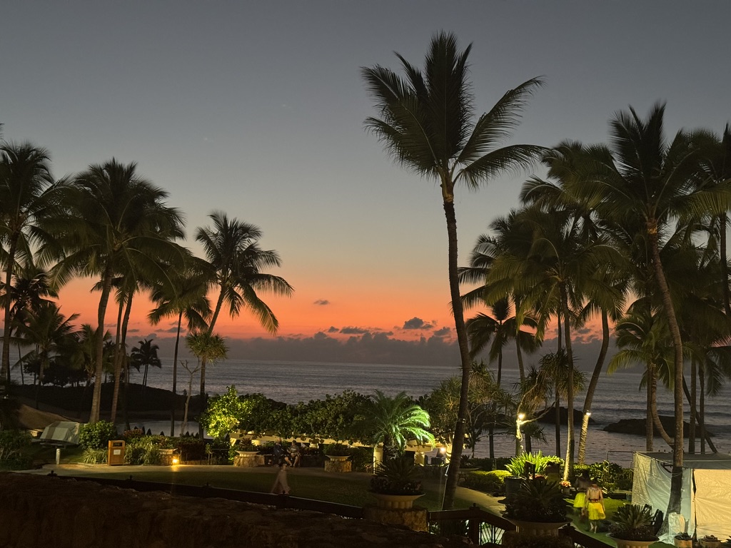 Resort grounds at twilight, garden lights coming on under a salmon sky