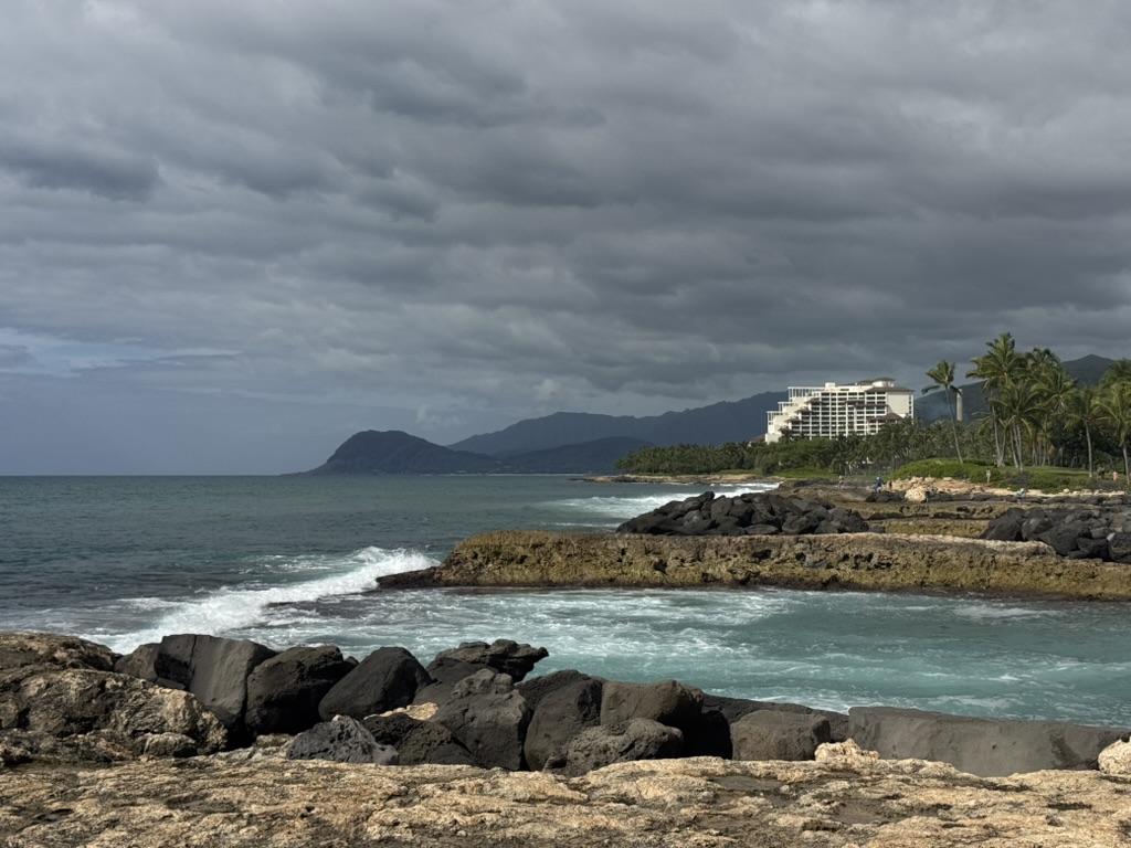 Coastline below the resort, choppy water against black volcanic rock