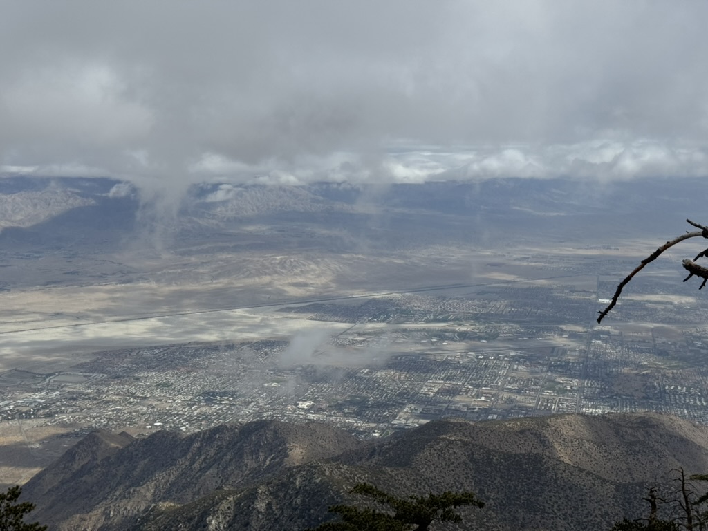 Storm clouds rolling in across the Coachella Valley, viewed from above