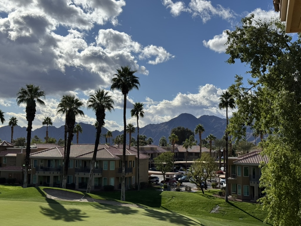 A fairway running between palm rows, Santa Rosa Mountains in the distance