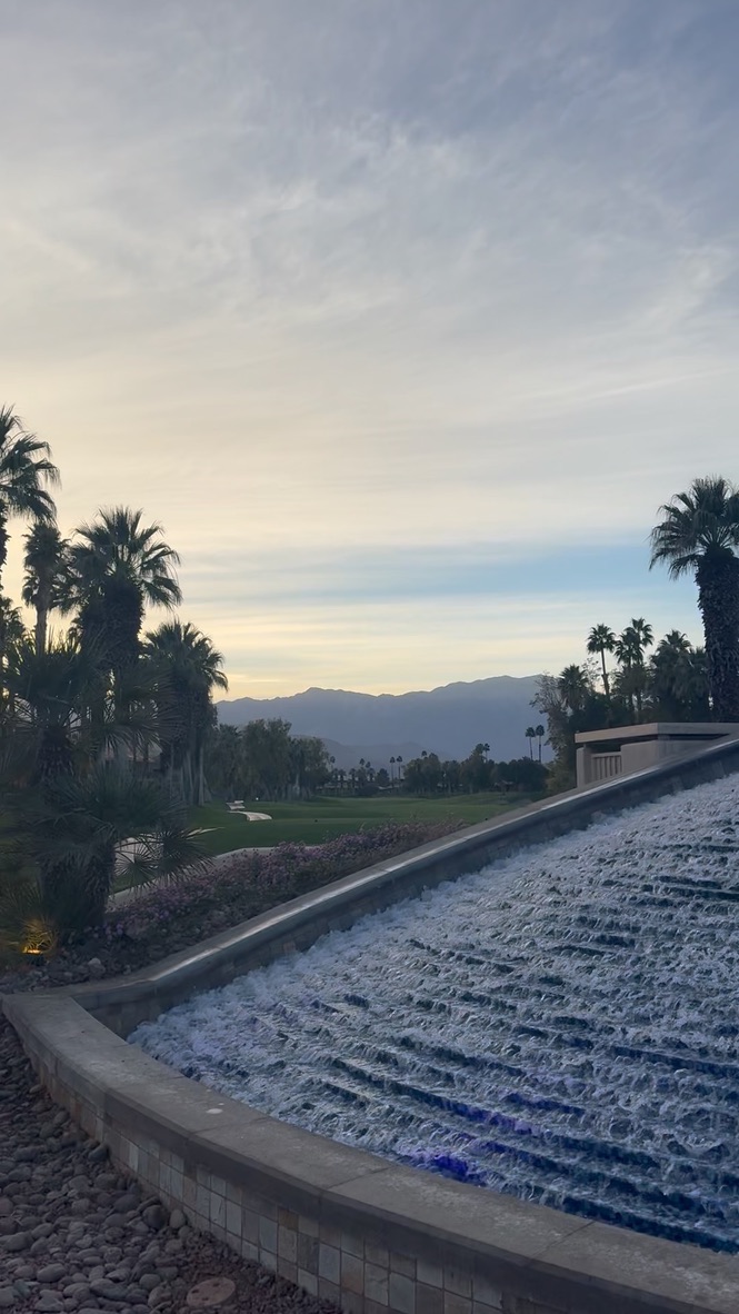 The entrance fountain — water feature, palms, mountain backdrop