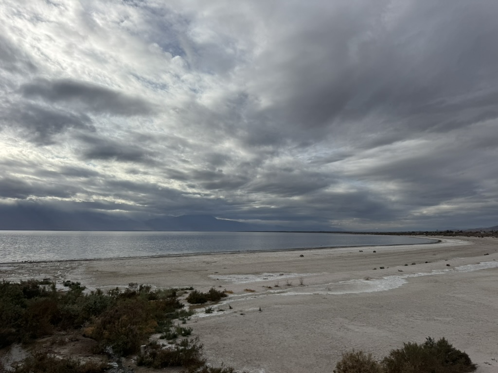 The Salton Sea shoreline under a heavy cloud bank, the water very still