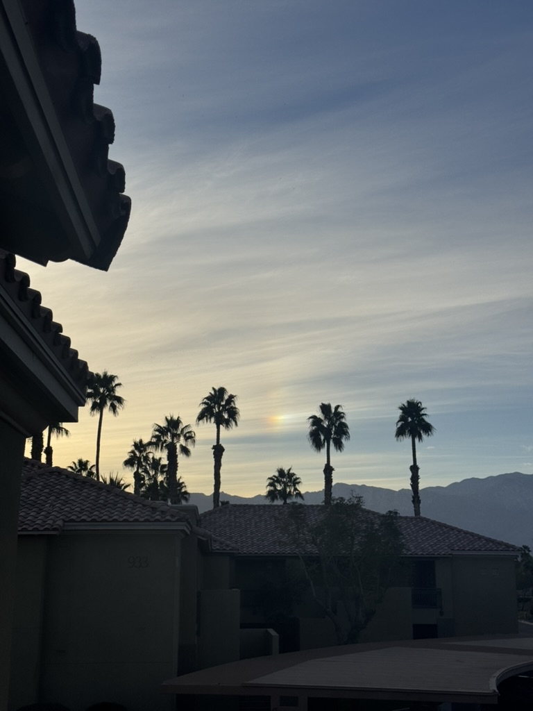 Sun dog rainbow halo over a tile roof and palm fronds