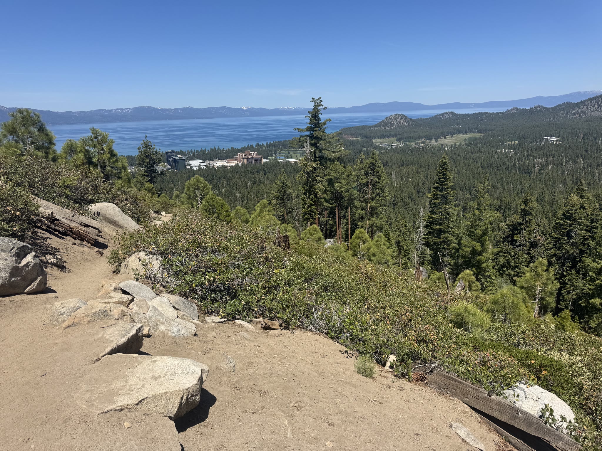 Higher overlook of the south shore, Stateline town in the middle distance, mountains beyond